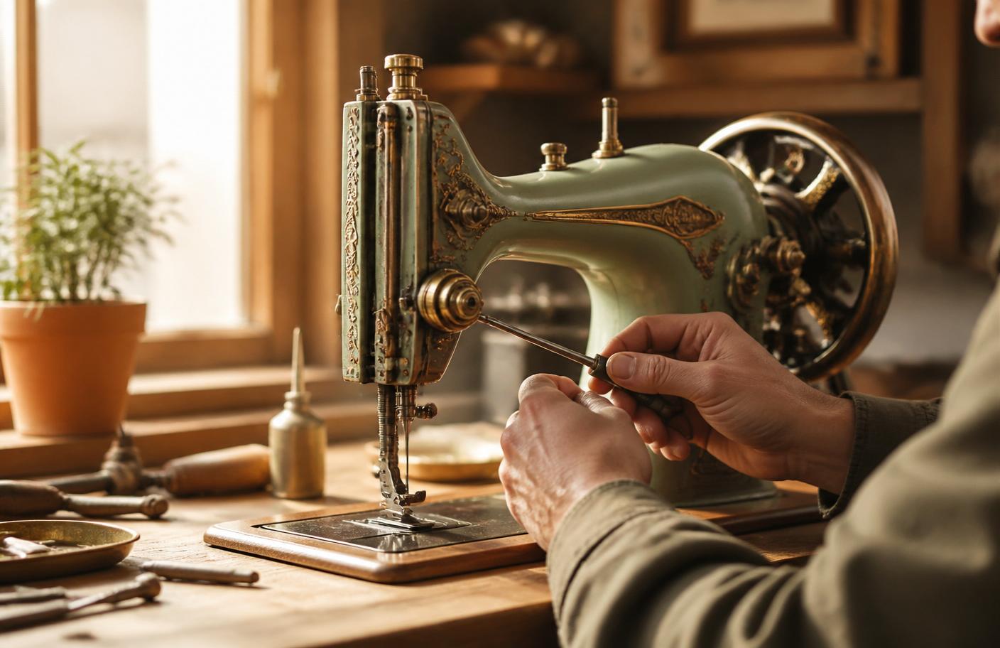 A vintage sewing machine being carefully serviced on a warm wooden workbench