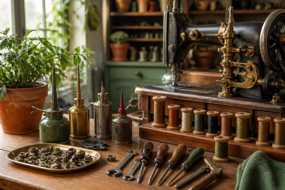 Close-up of a sewing machine workshop with neatly organized tools and thread spools